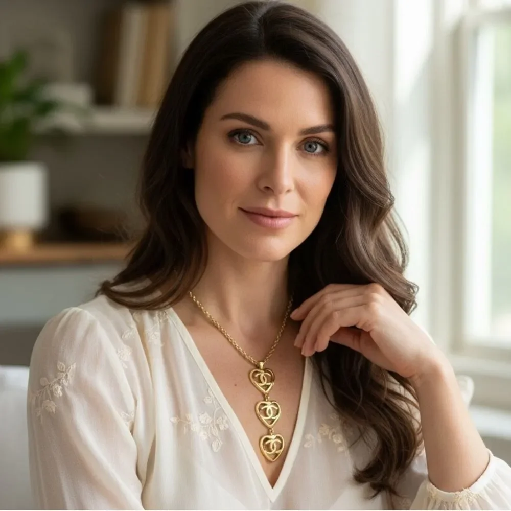 CHANEL Triple Gold Open Heart Necklace, Authentic